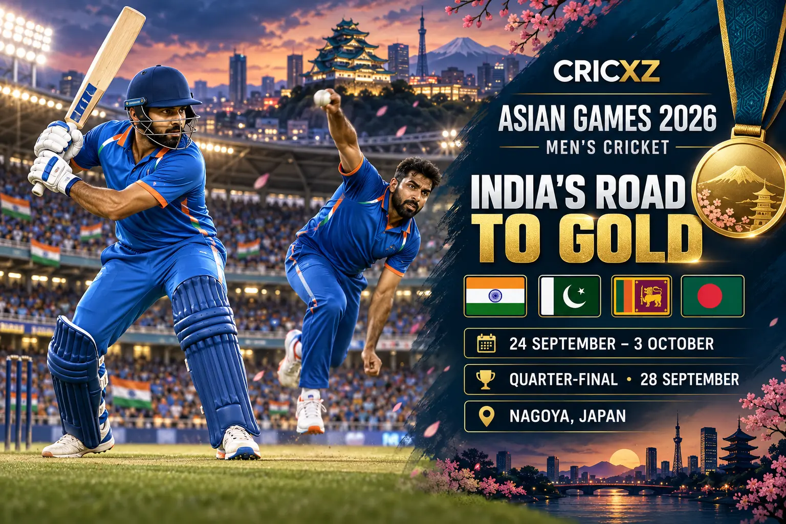 CricXZ editorial graphic for India's men's cricket campaign at the Asian Games 2026 in Japan
