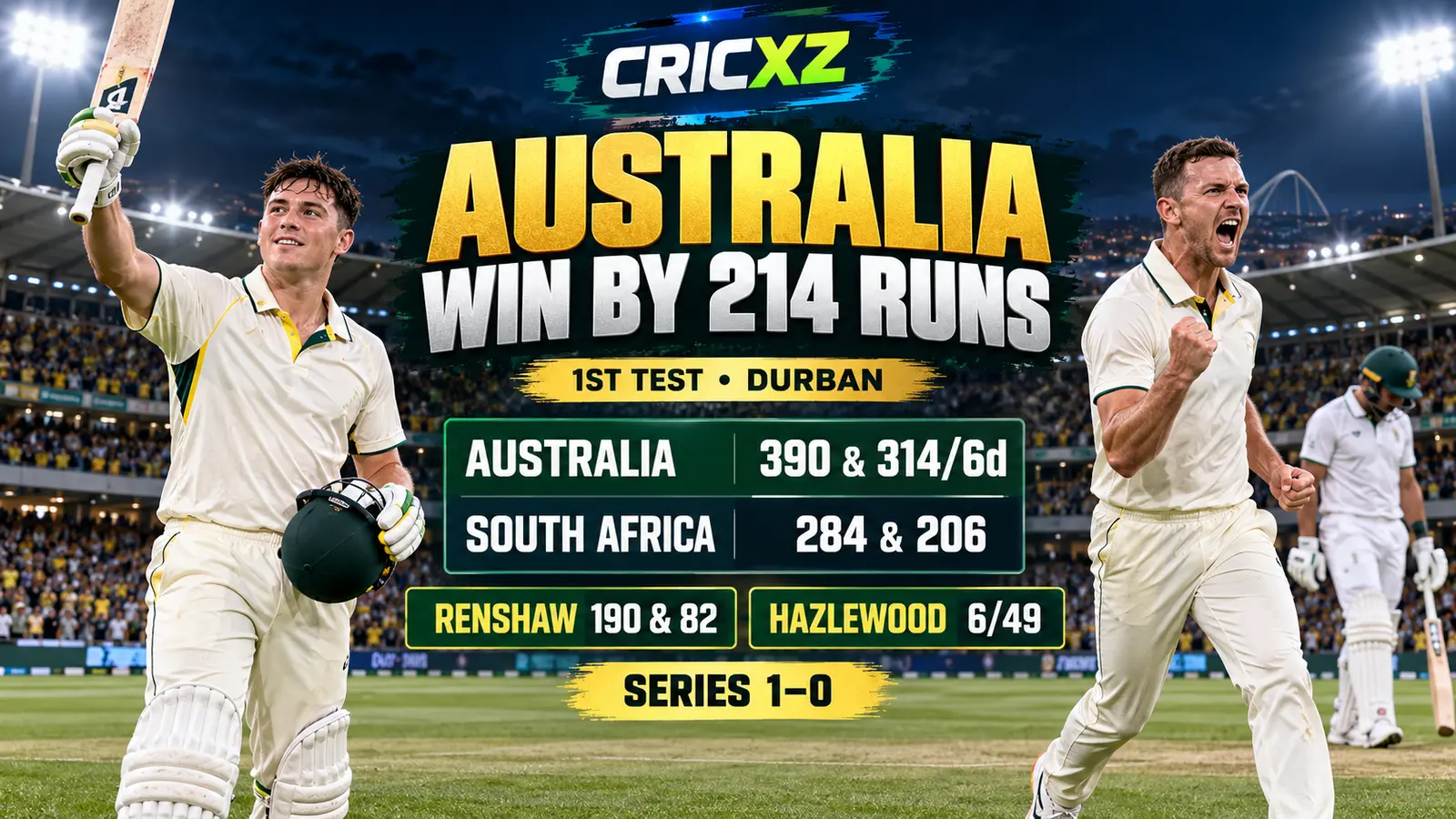 Australia beat South Africa by 214 runs in the first Test in Durban