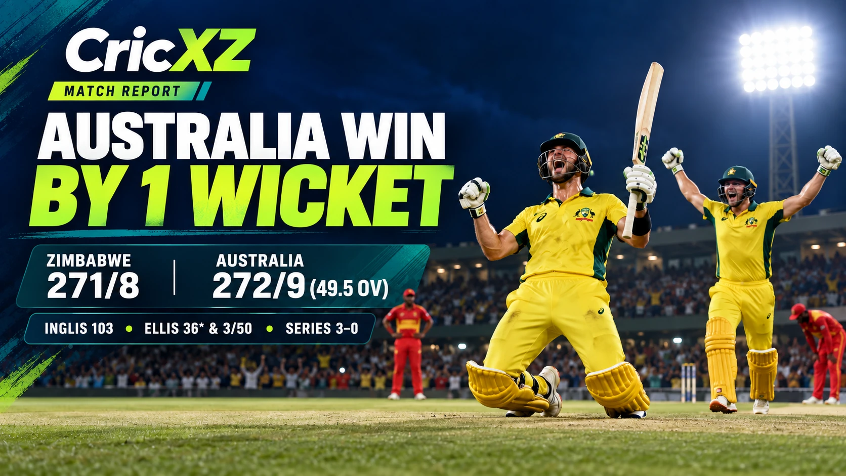 CricXZ match graphic: Australia beat Zimbabwe by one wicket in the third ODI
