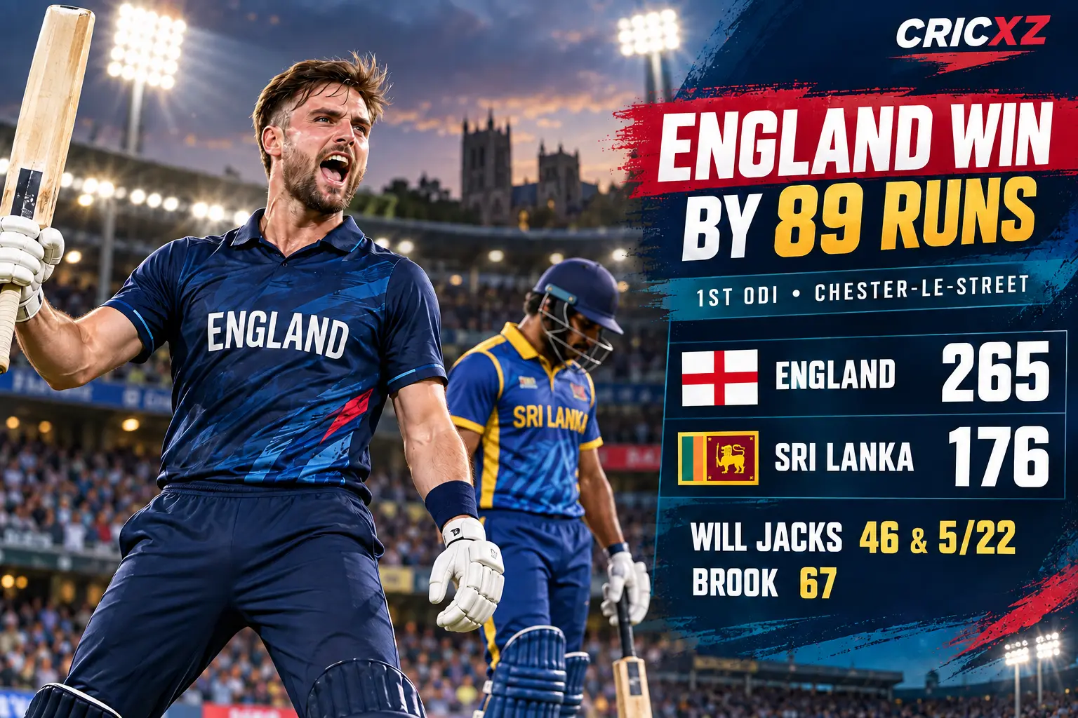 CricXZ result graphic showing England's 89-run first ODI victory over Sri Lanka and Will Jacks' five-wicket haul