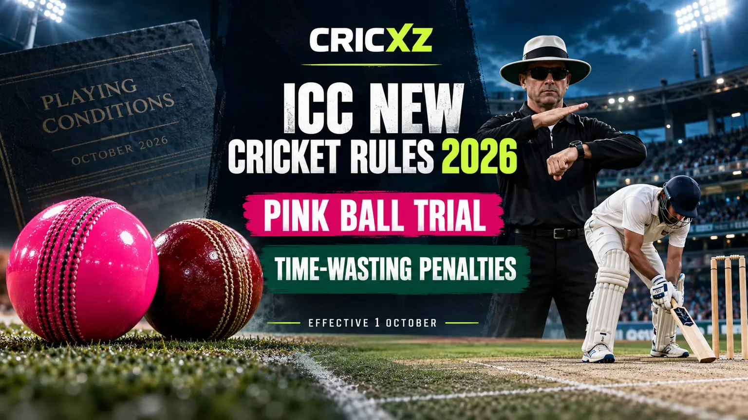 ICC new cricket rules 2026 pink ball trial and time-wasting penalties