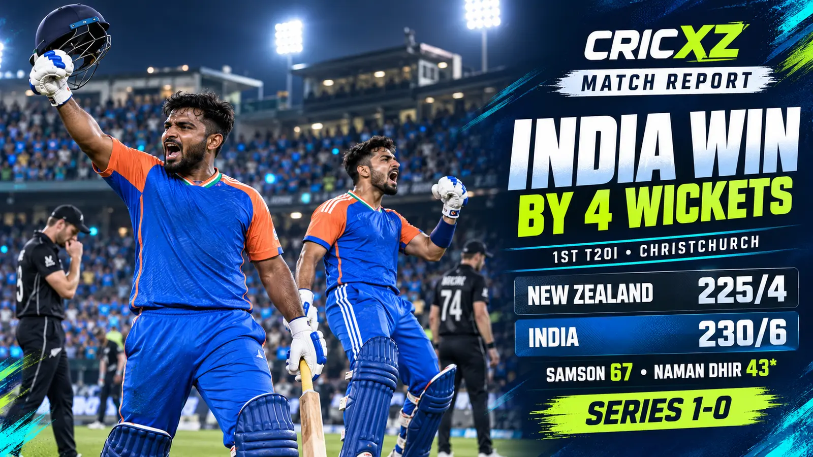 CricXZ graphic for India's four-wicket first T20I win over New Zealand
