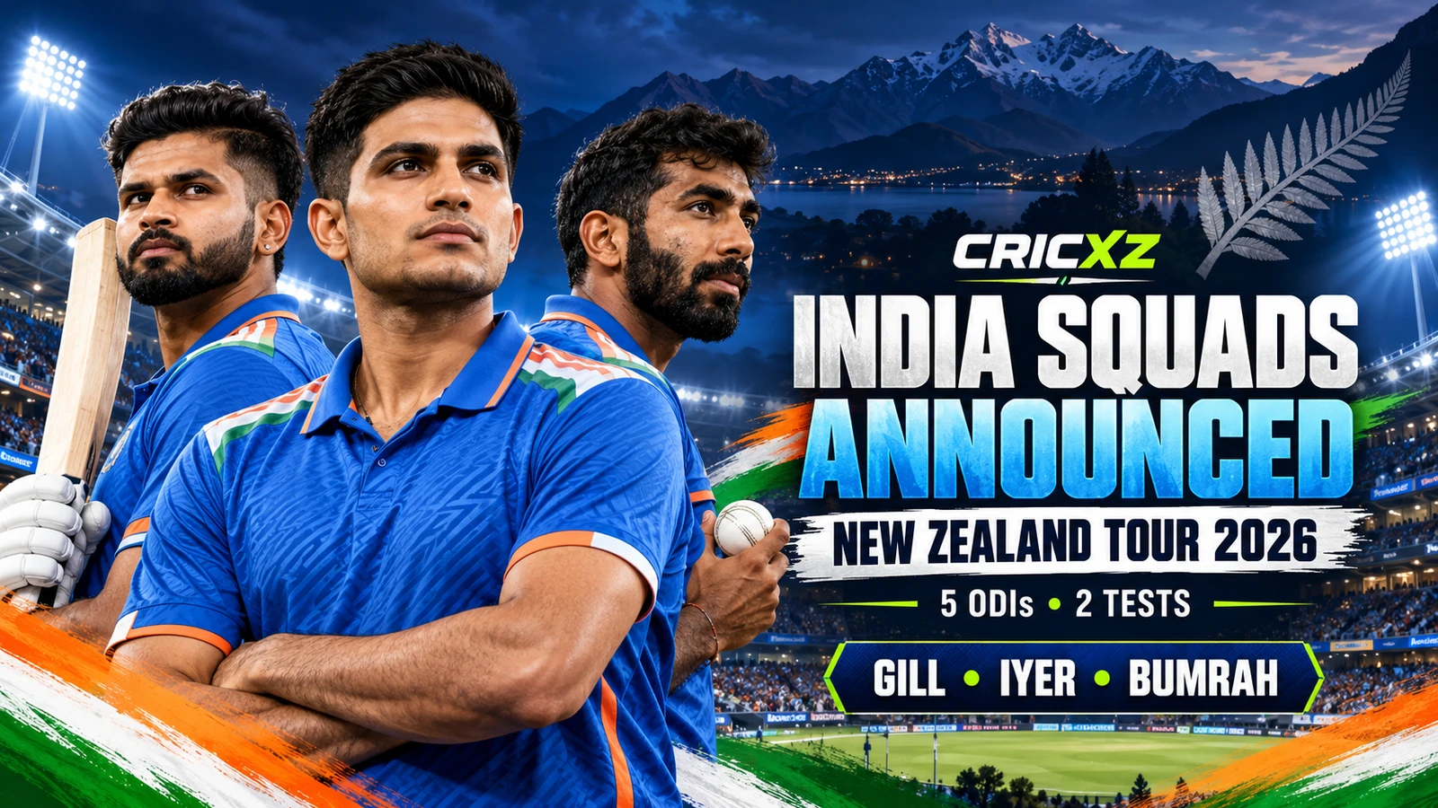 CricXZ graphic announcing India's ODI and Test squads for the 2026 New Zealand tour