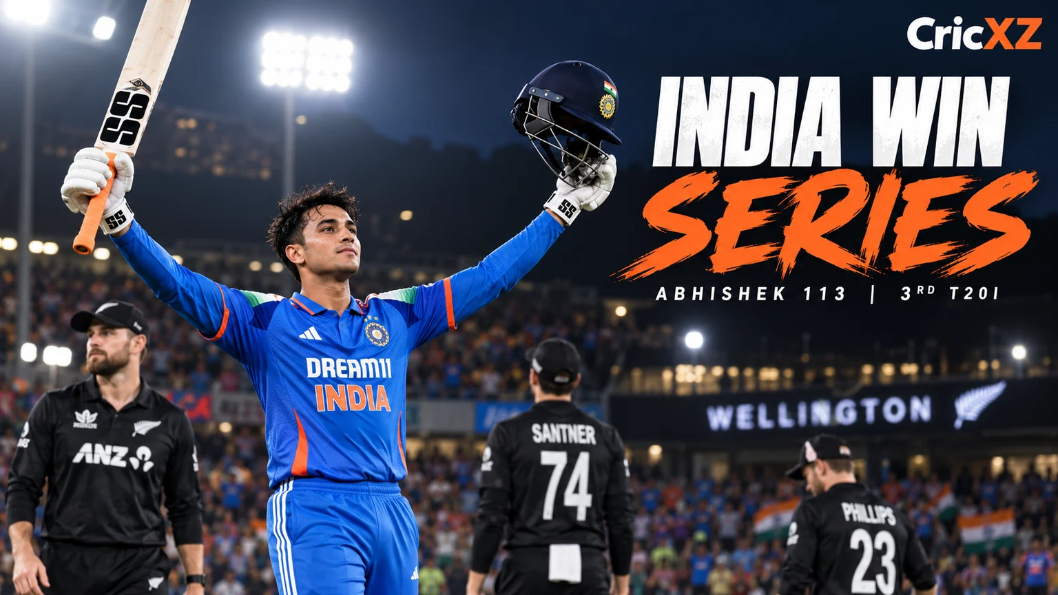 CricXZ illustration of Abhishek Sharma celebrating against New Zealand