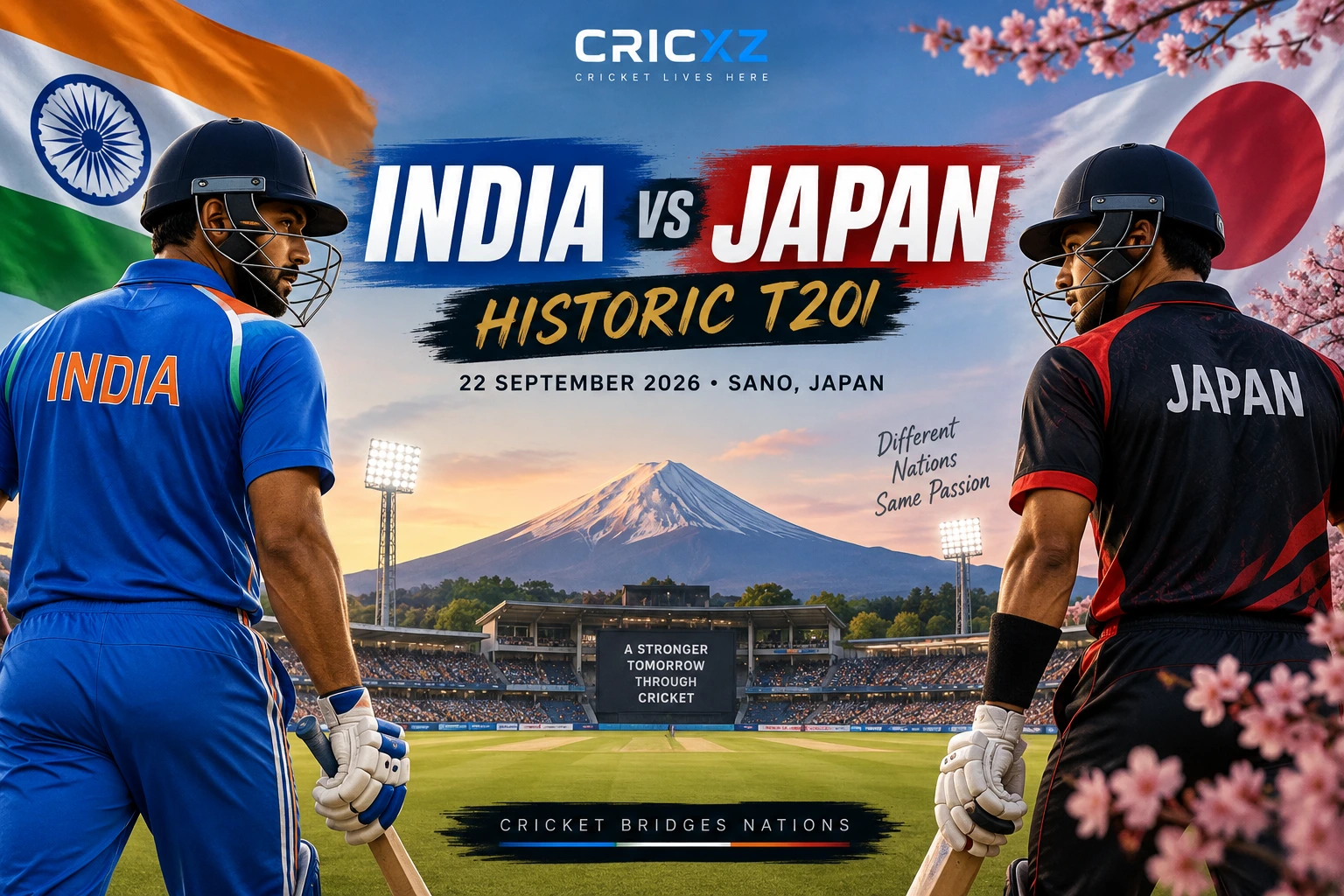 CricXZ editorial graphic for the historic India vs Japan T20I in Sano in September 2026
