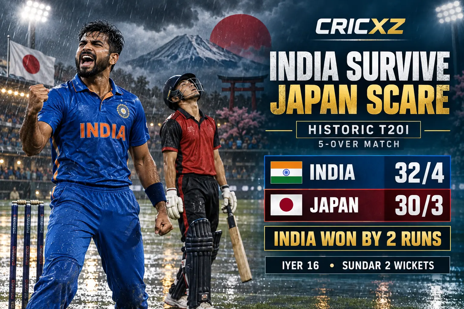 Original CricXZ graphic for India's two-run victory over Japan in their historic first T20I in Sano