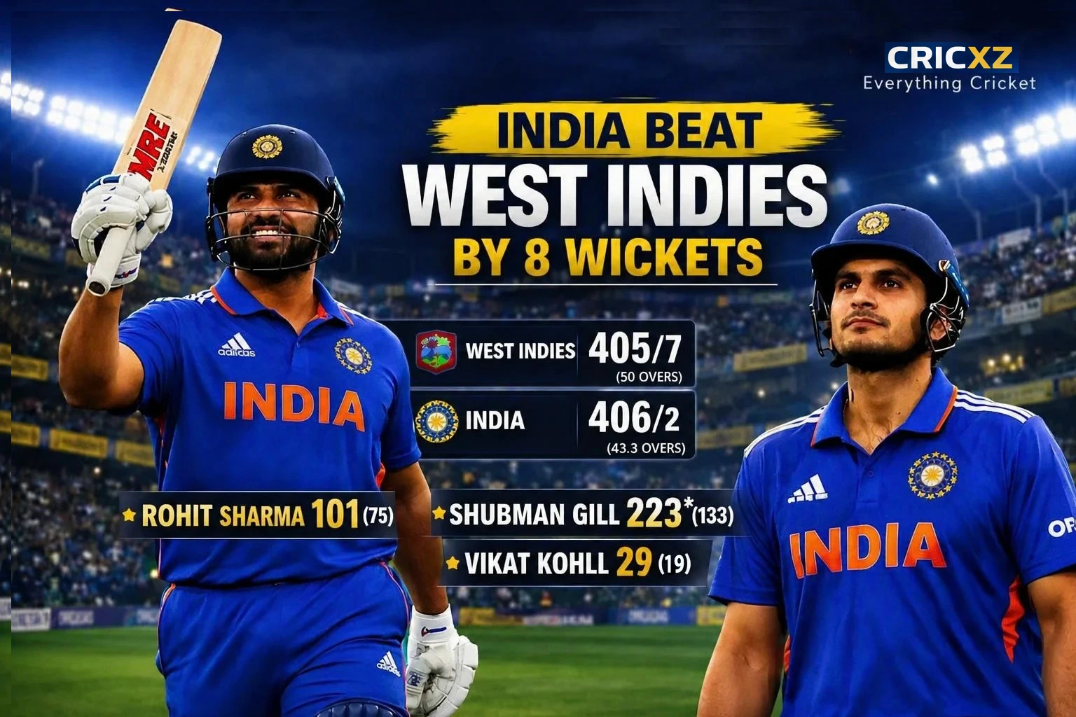 CricXZ match graphic for India beat West Indies by 8 wickets in the second ODI