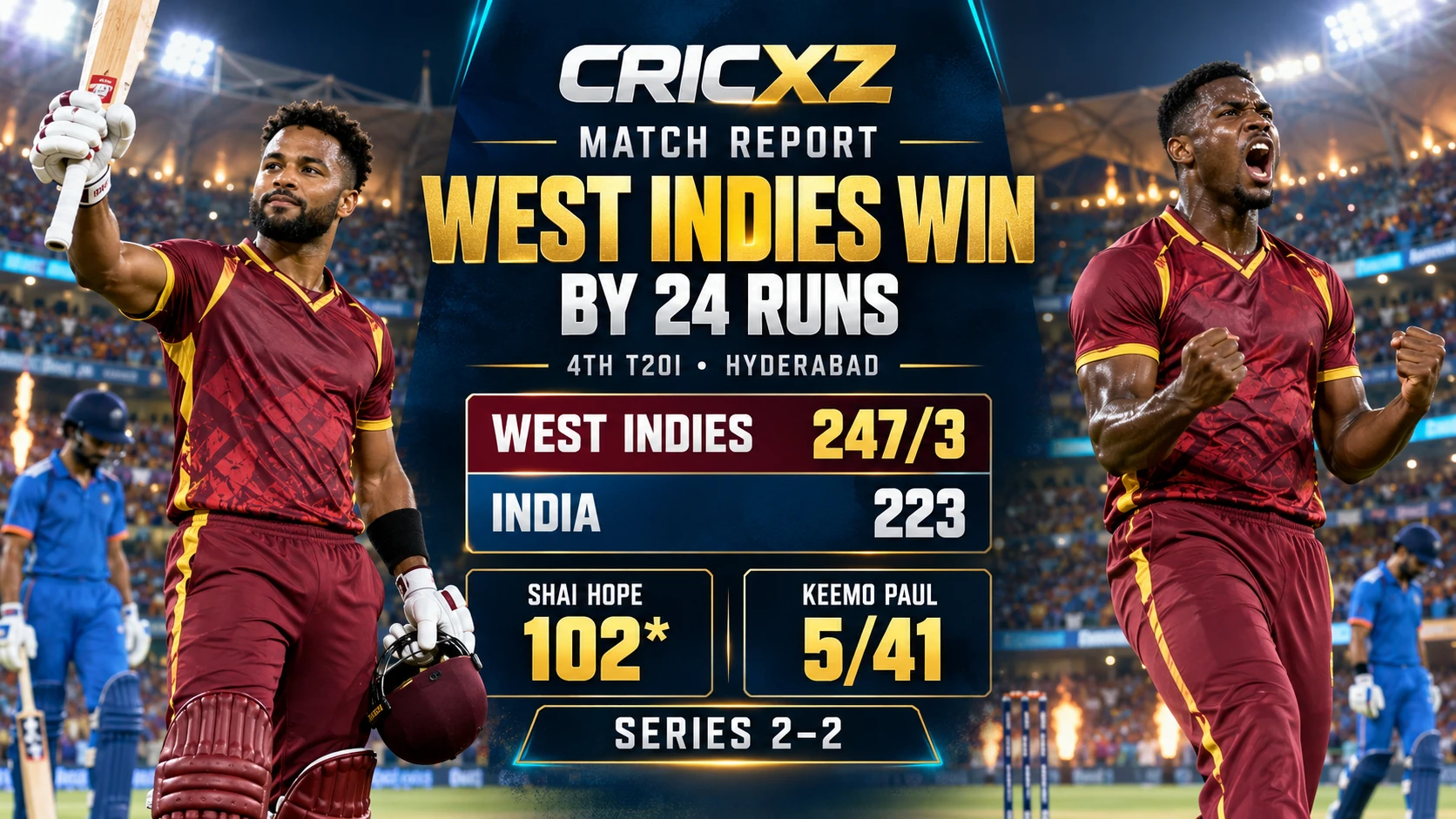 West Indies beat India by 24 runs in the fourth T20I in Hyderabad