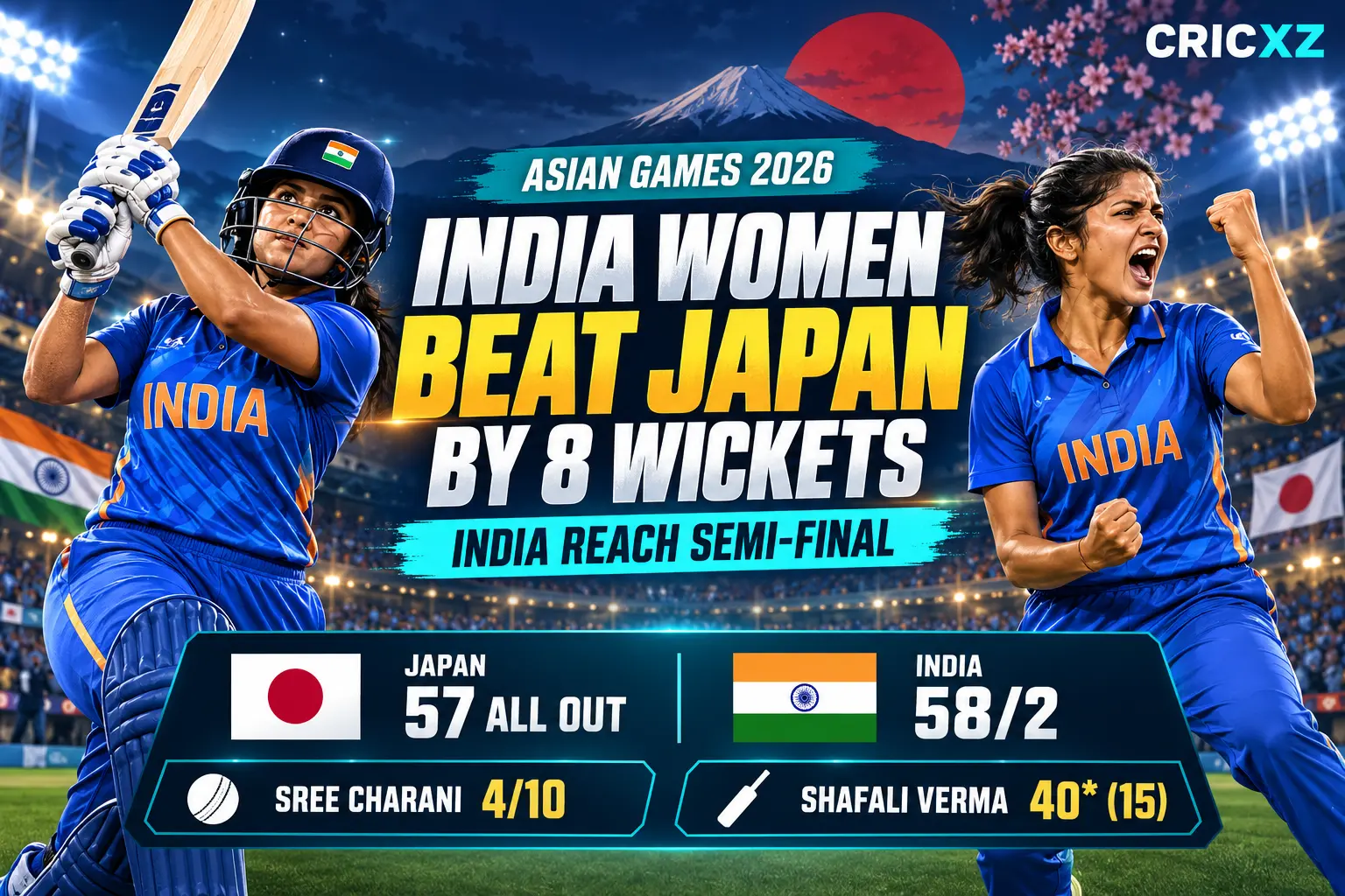 Original CricXZ editorial illustration of India Women batting and bowling during the Asian Games in Japan