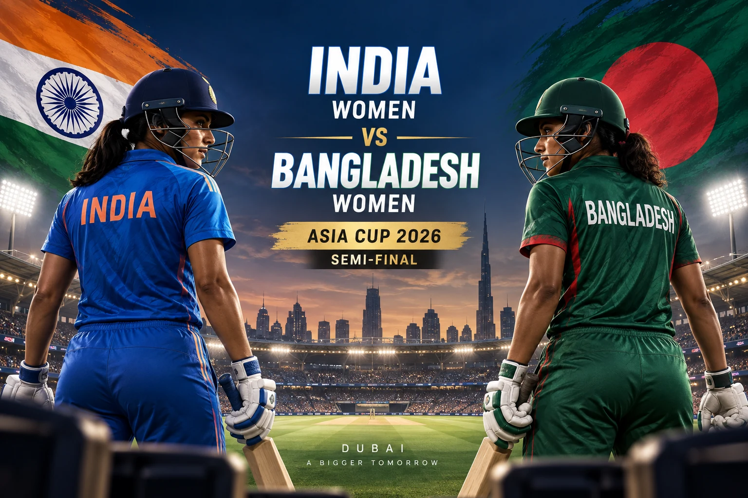 CricXZ editorial graphic for India Women vs Bangladesh Women in the Women's Asia Cup 2026 semi-final
