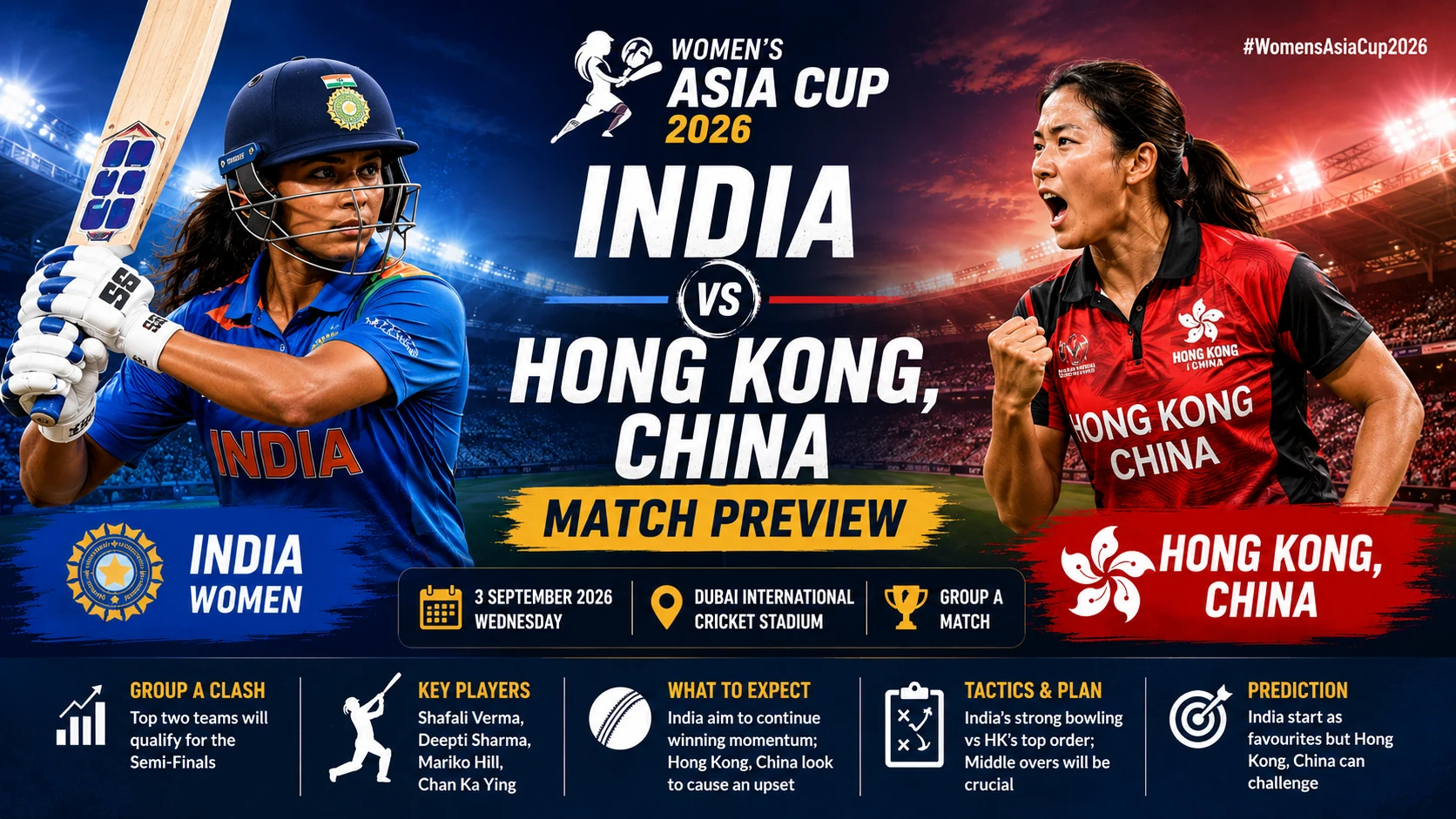 CricXZ editorial graphic for the India Women versus Hong Kong, China Women's Asia Cup 2026 match preview