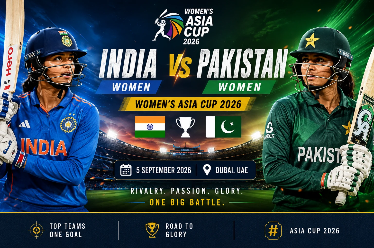 Editorial graphic for India Women vs Pakistan Women in the Women's Asia Cup 2026 in Dubai