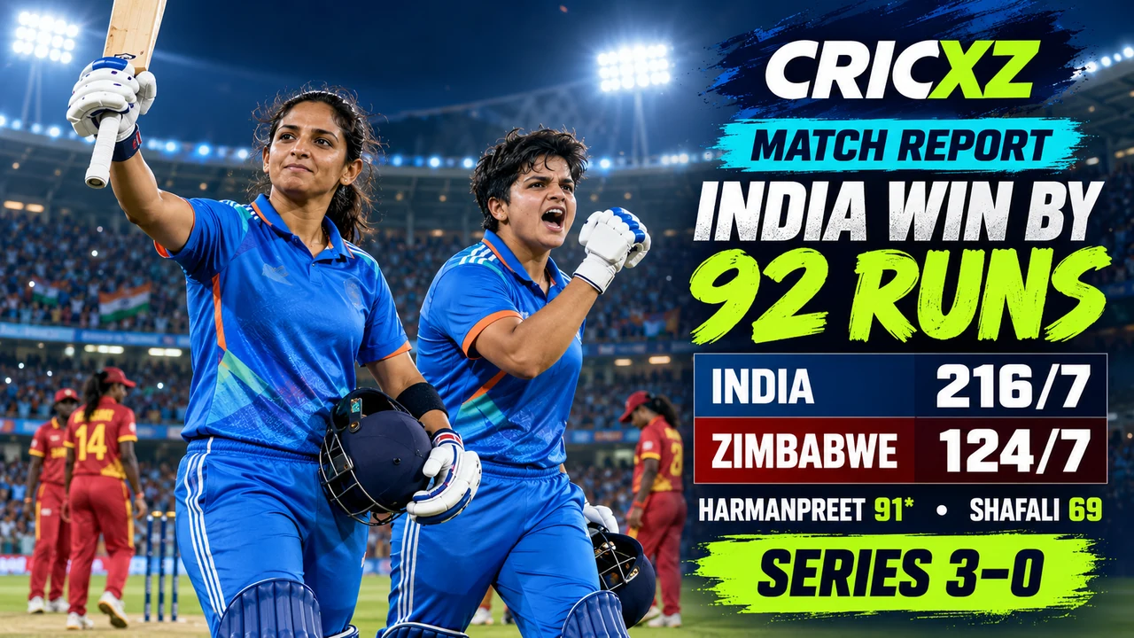 CricXZ match report graphic for India Women defeating Zimbabwe Women by 92 runs in the third T20I