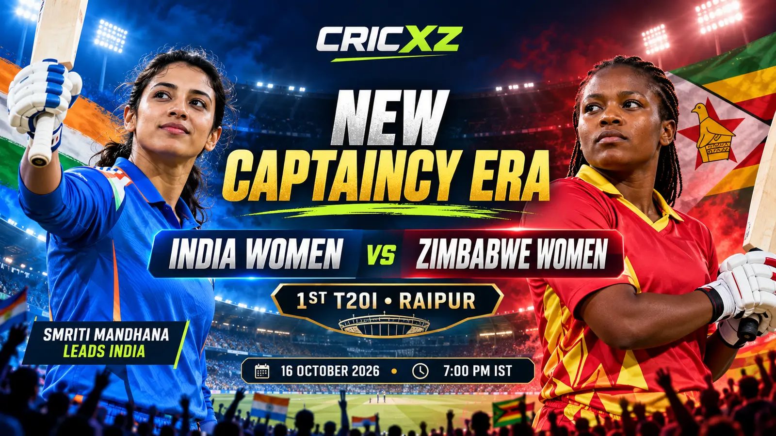 CricXZ India Women versus Zimbabwe Women first T20I 2026 Raipur preview graphic