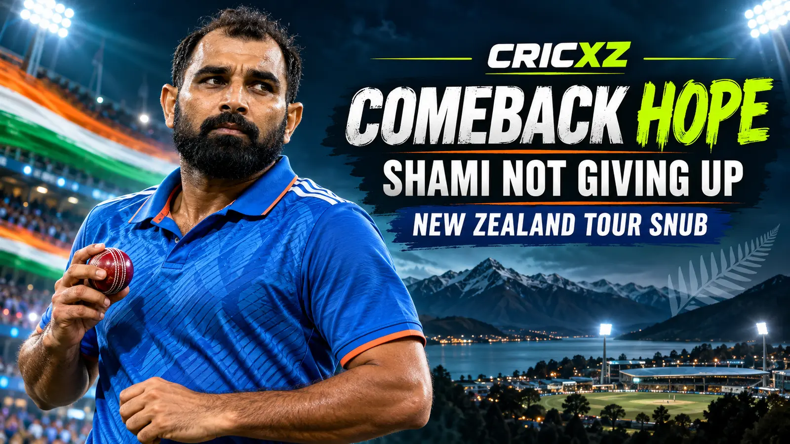 CricXZ editorial graphic of Mohammed Shami discussing his India comeback ambition