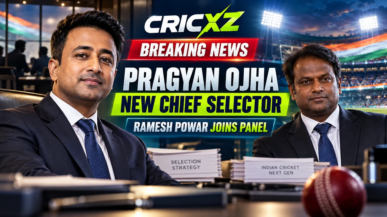 CricXZ news graphic featuring Pragyan Ojha and Ramesh Powar after changes to India's men's selection committee