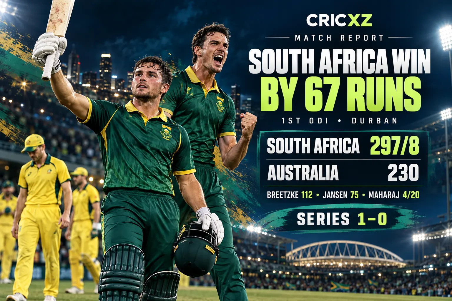 CricXZ match graphic for South Africa's 67-run first ODI victory over Australia