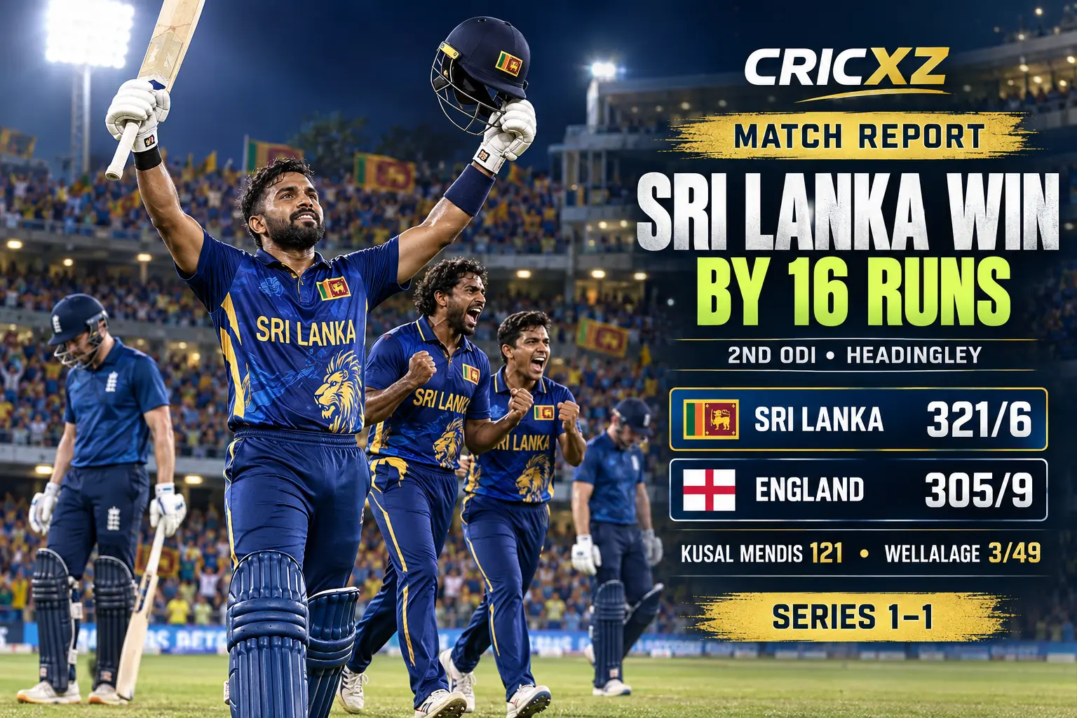 CricXZ match graphic for Sri Lanka's 16-run second ODI victory over England