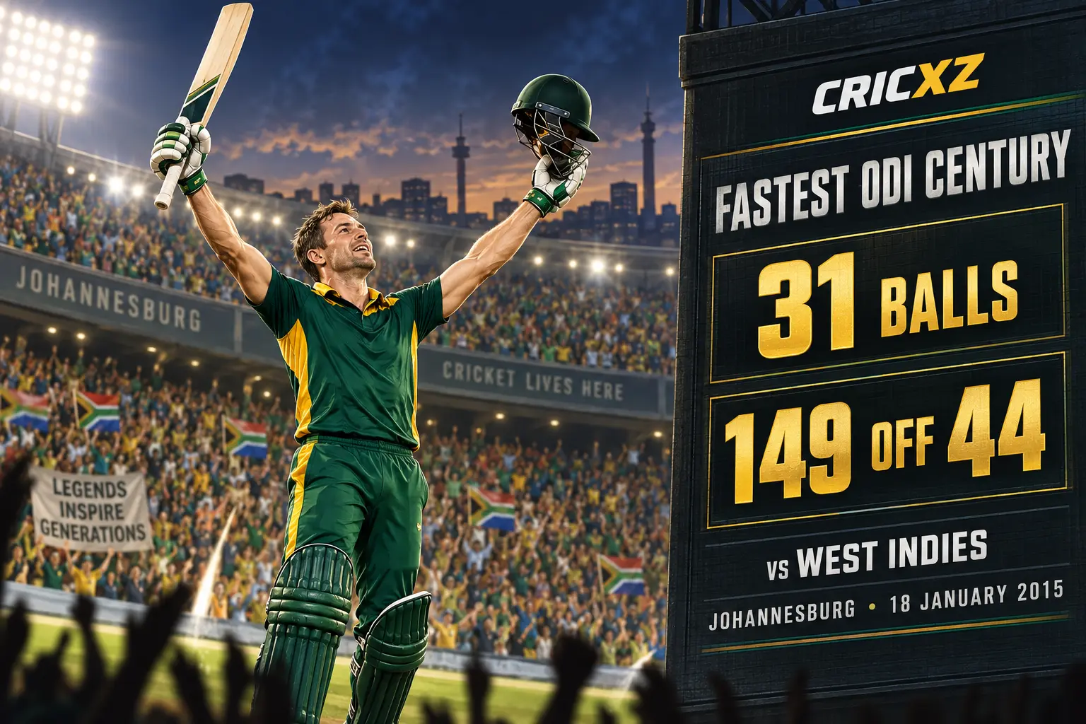 CricXZ historical graphic of AB de Villiers completing a 31-ball ODI century against West Indies