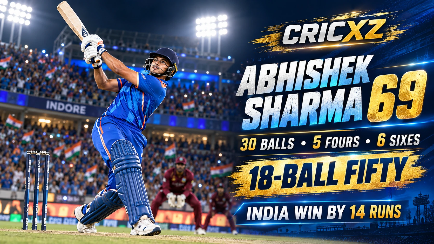 CricXZ graphic celebrating Abhishek Sharma's 69 against West Indies in Indore