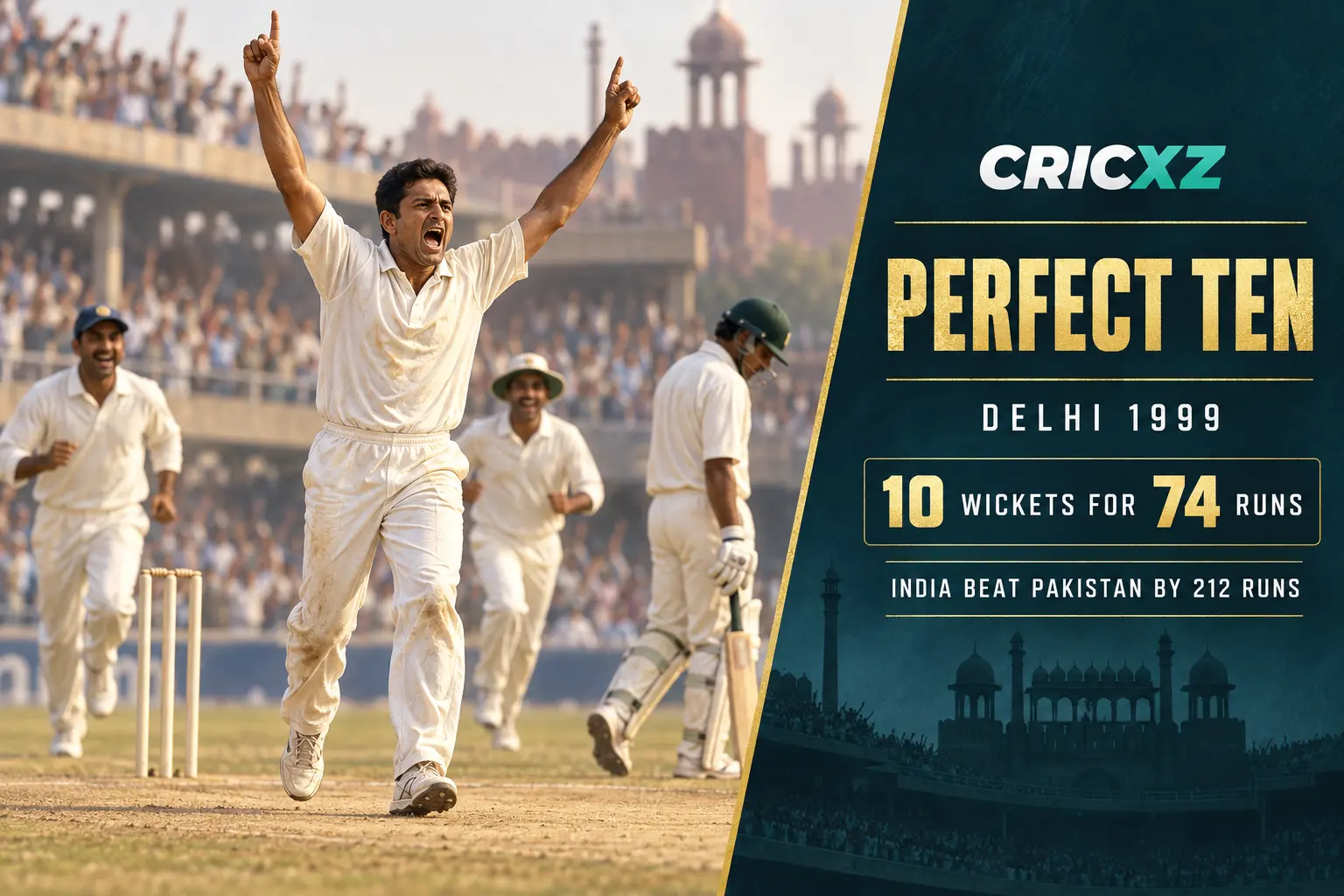 CricXZ historical graphic of Anil Kumble taking all ten wickets against Pakistan in Delhi in 1999