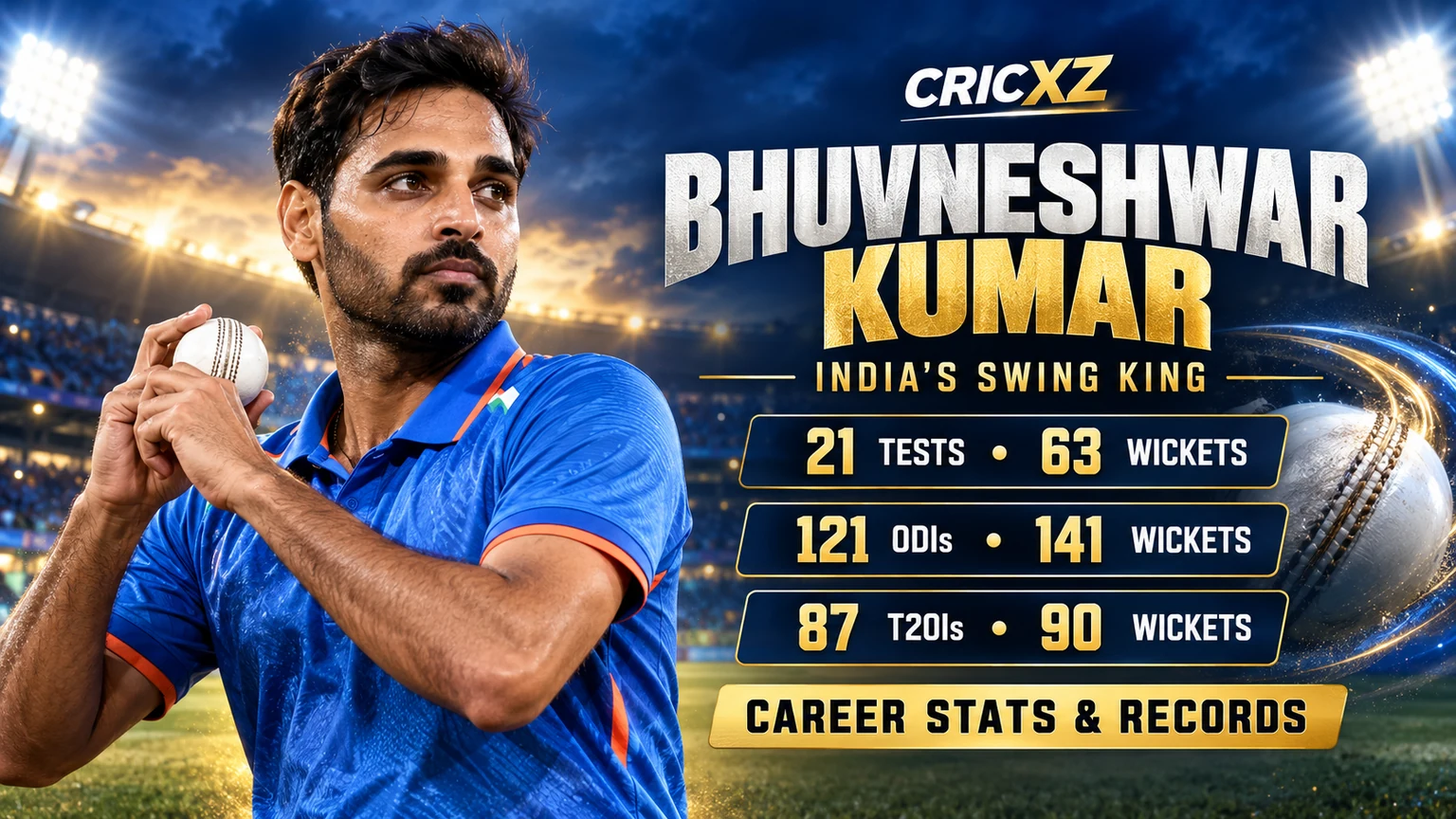 Bhuvneshwar Kumar career statistics and records graphic for CricXZ