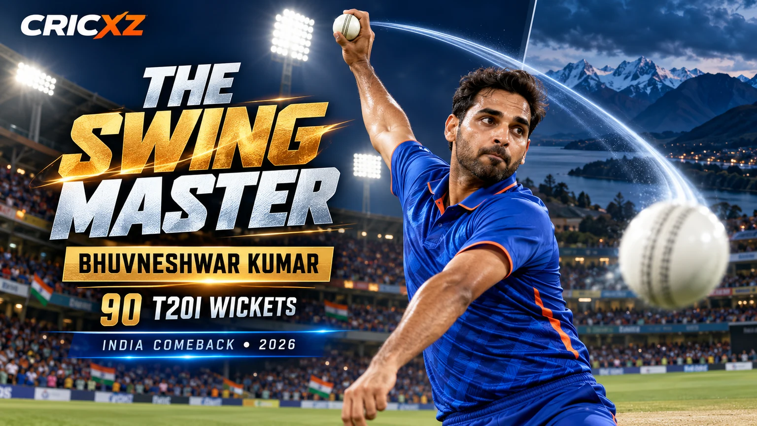 CricXZ graphic celebrating Bhuvneshwar Kumar's swing bowling and India comeback