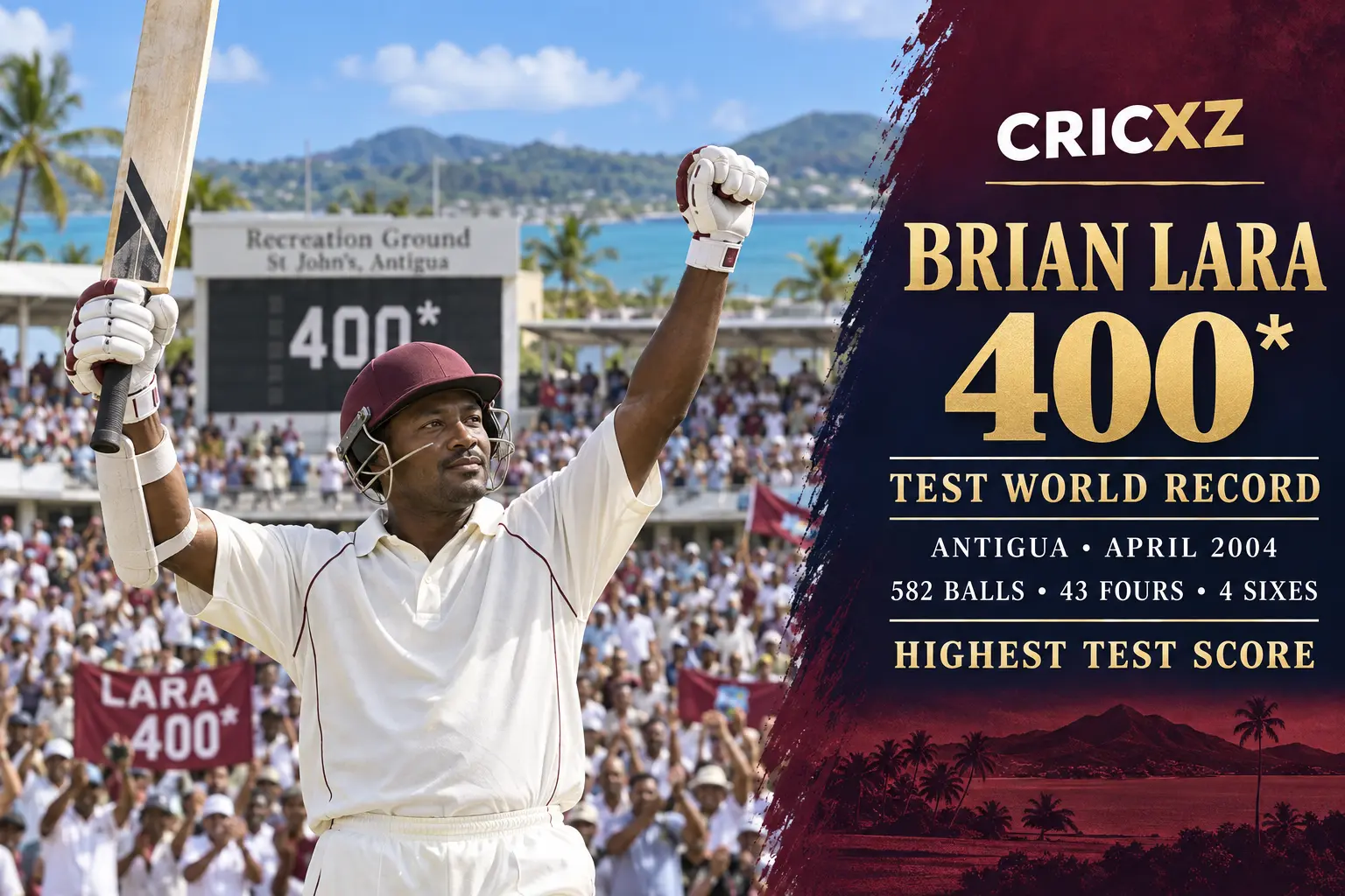 CricXZ historical illustration of Brian Lara celebrating his unbeaten 400 against England in Antigua