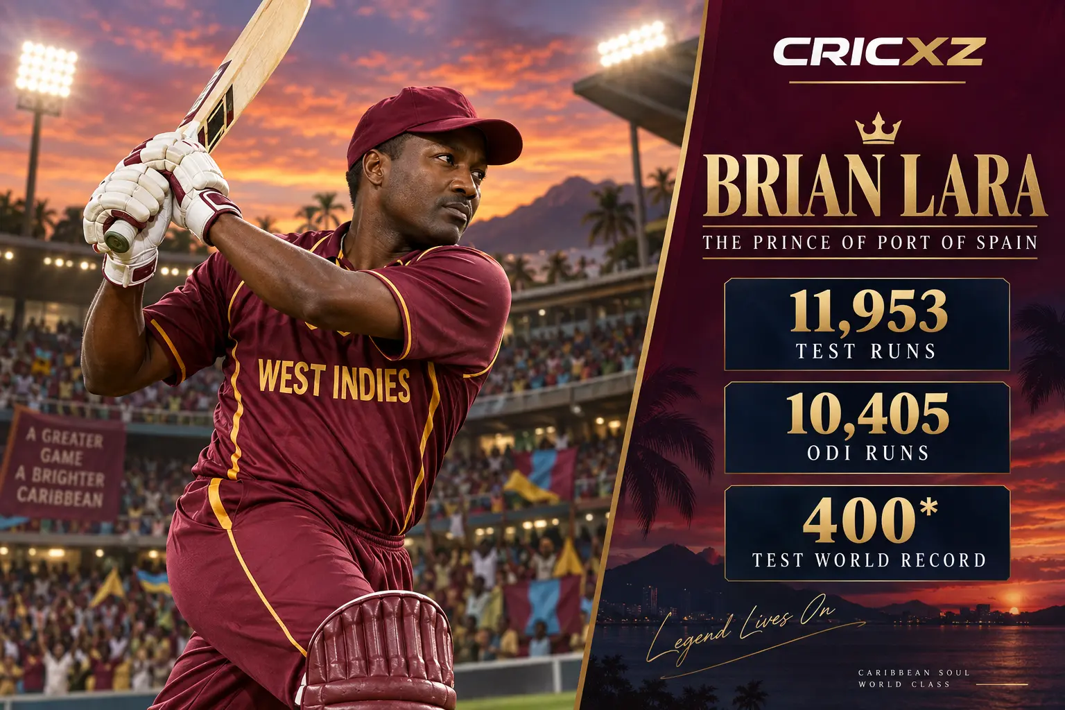 CricXZ graphic of Brian Lara with international runs and batting records