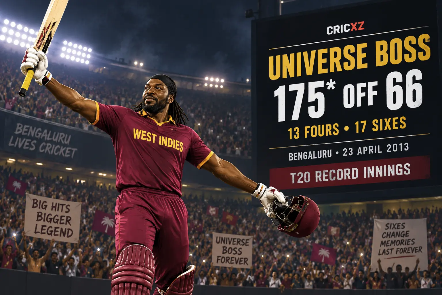 CricXZ historical graphic of Chris Gayle celebrating his unbeaten 175 in Bengaluru