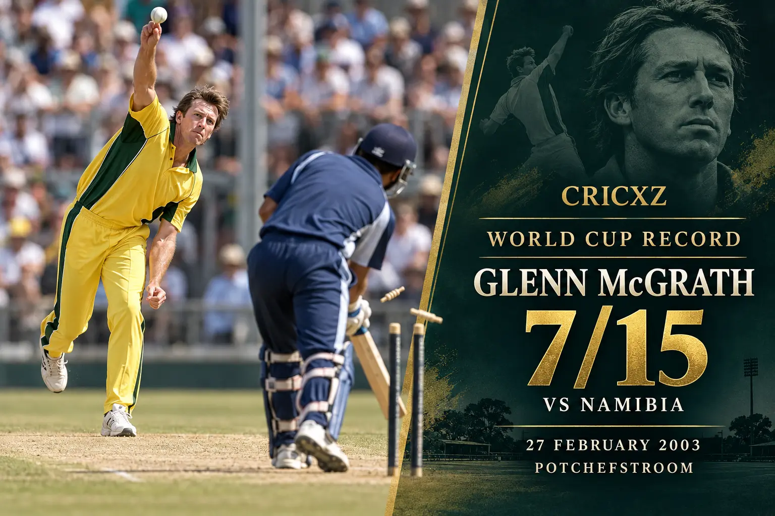 CricXZ historical illustration of Glenn McGrath taking seven wickets for 15 runs against Namibia at the 2003 World Cup