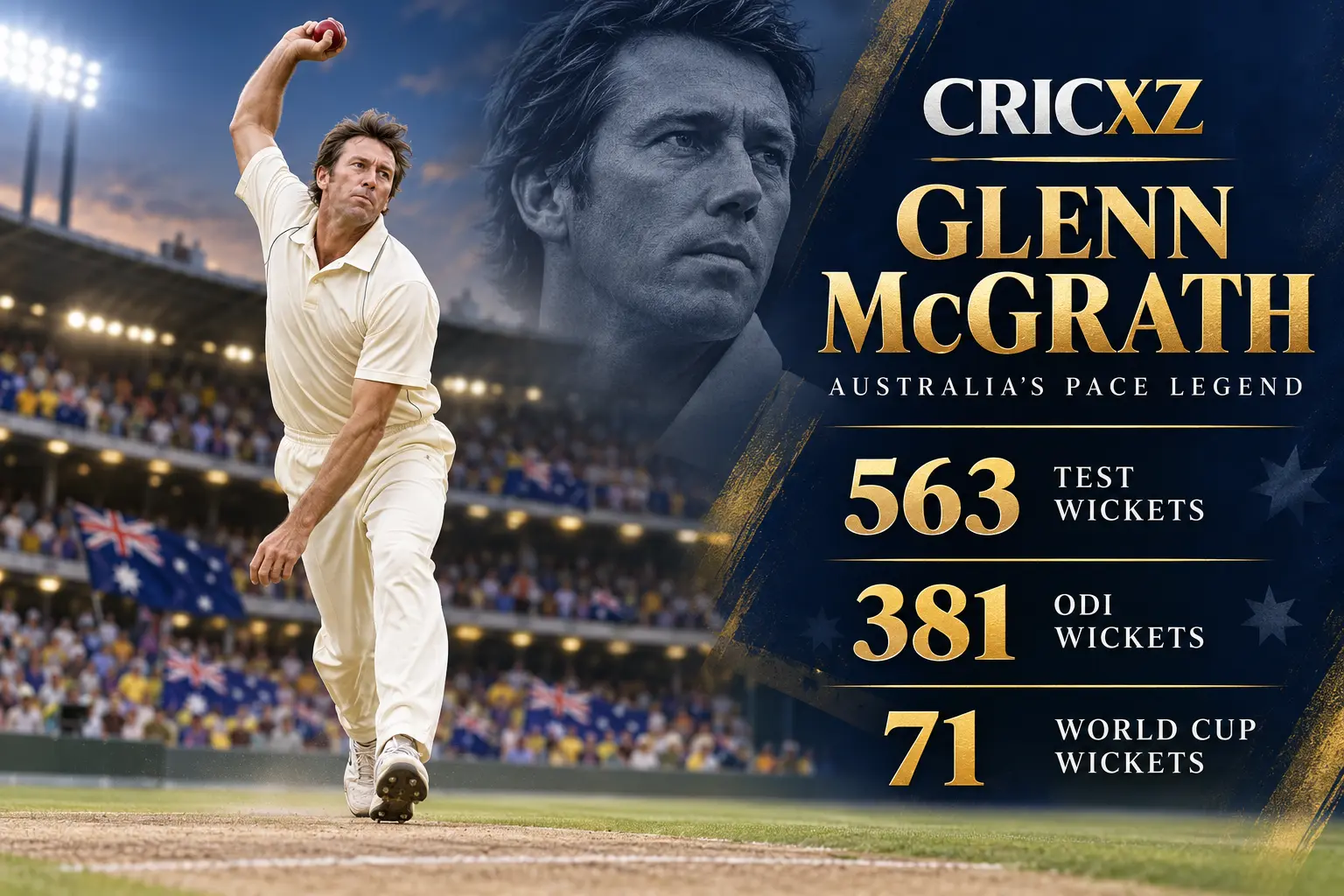 CricXZ graphic of Glenn McGrath with Test, ODI and World Cup wicket records