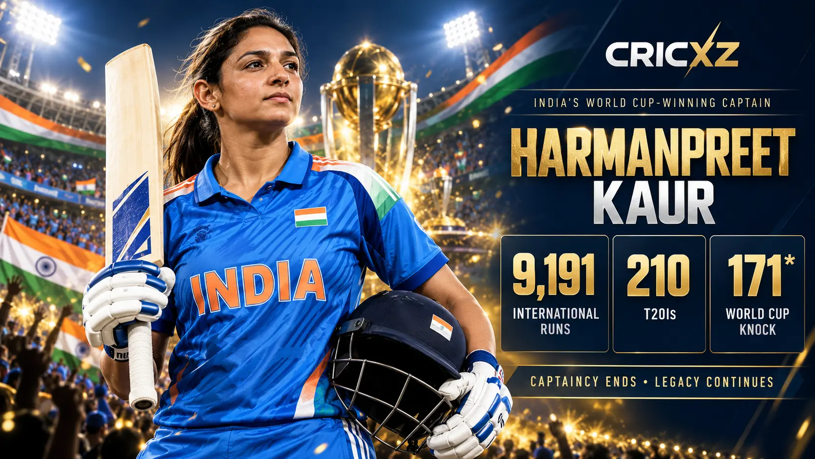 Harmanpreet Kaur career statistics and records graphic for CricXZ