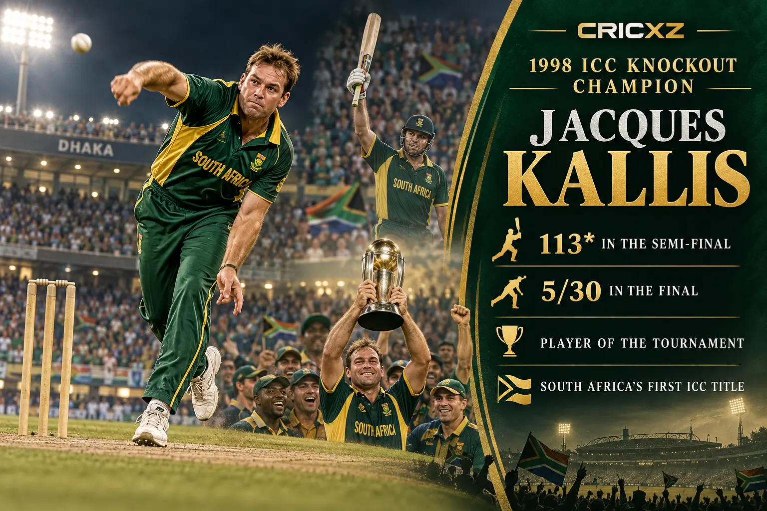 CricXZ historical illustration of Jacques Kallis leading South Africa to the 1998 ICC KnockOut title