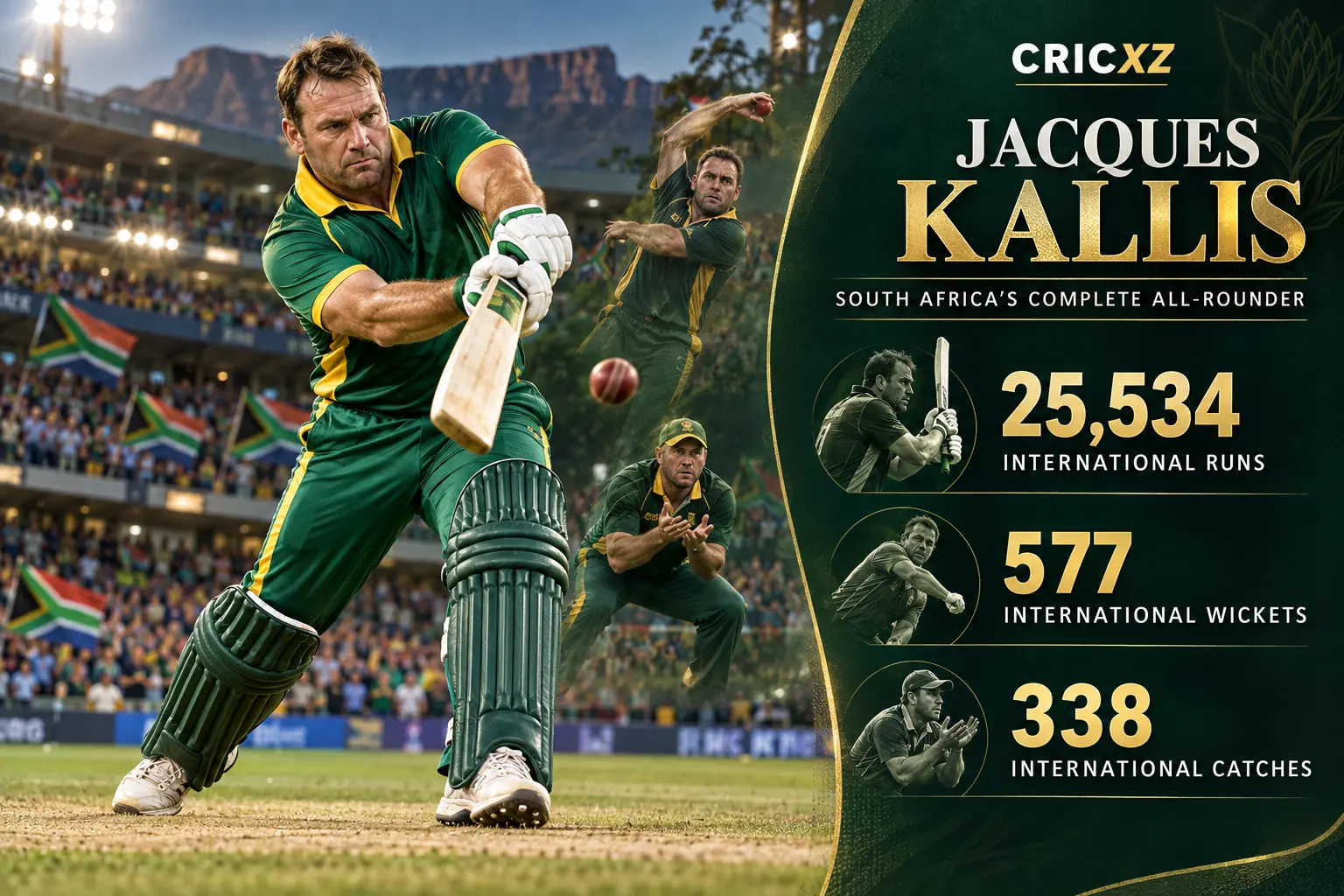 CricXZ graphic of Jacques Kallis with international runs, wickets and catches