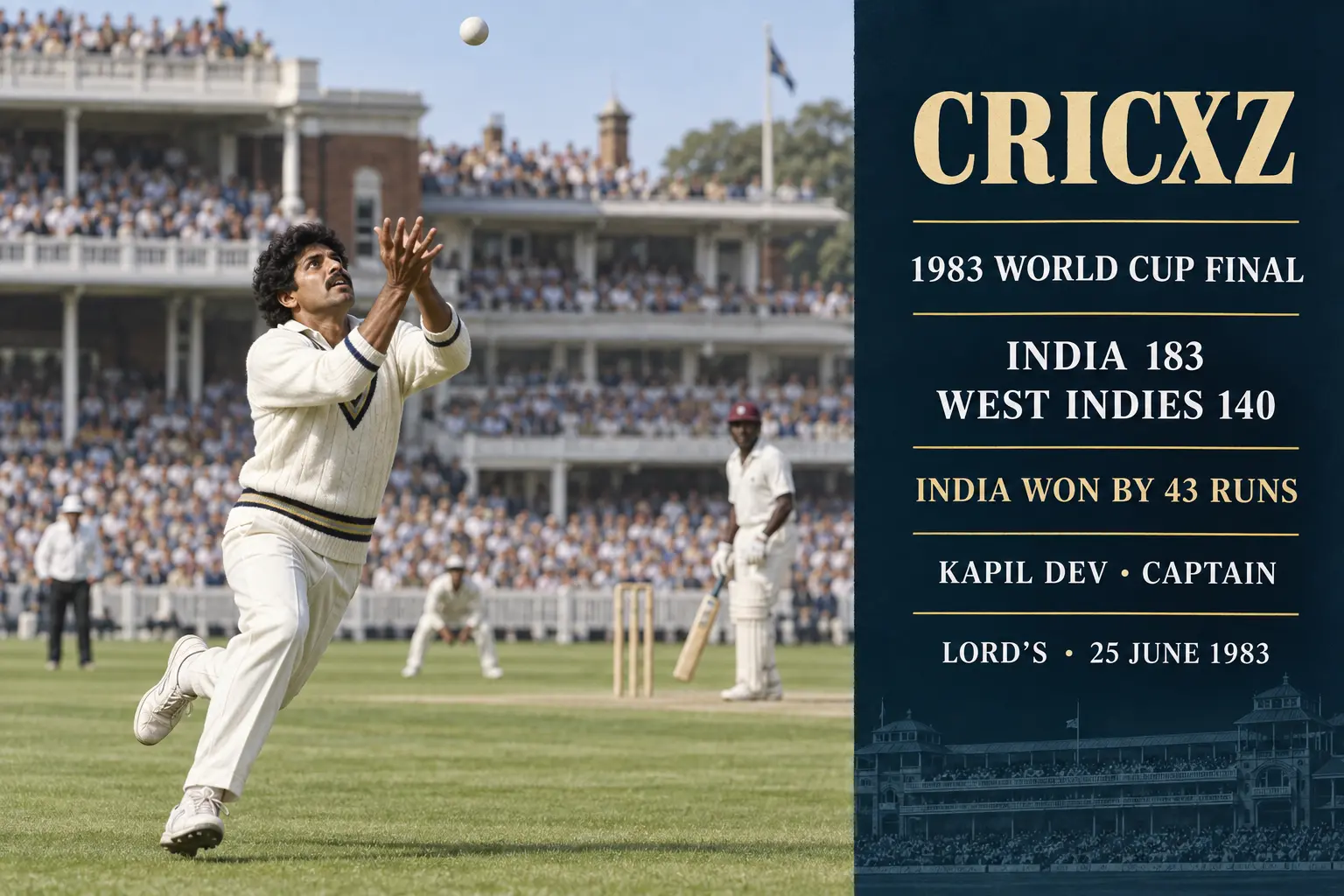 CricXZ historical graphic of Kapil Dev taking a running catch in the 1983 World Cup final