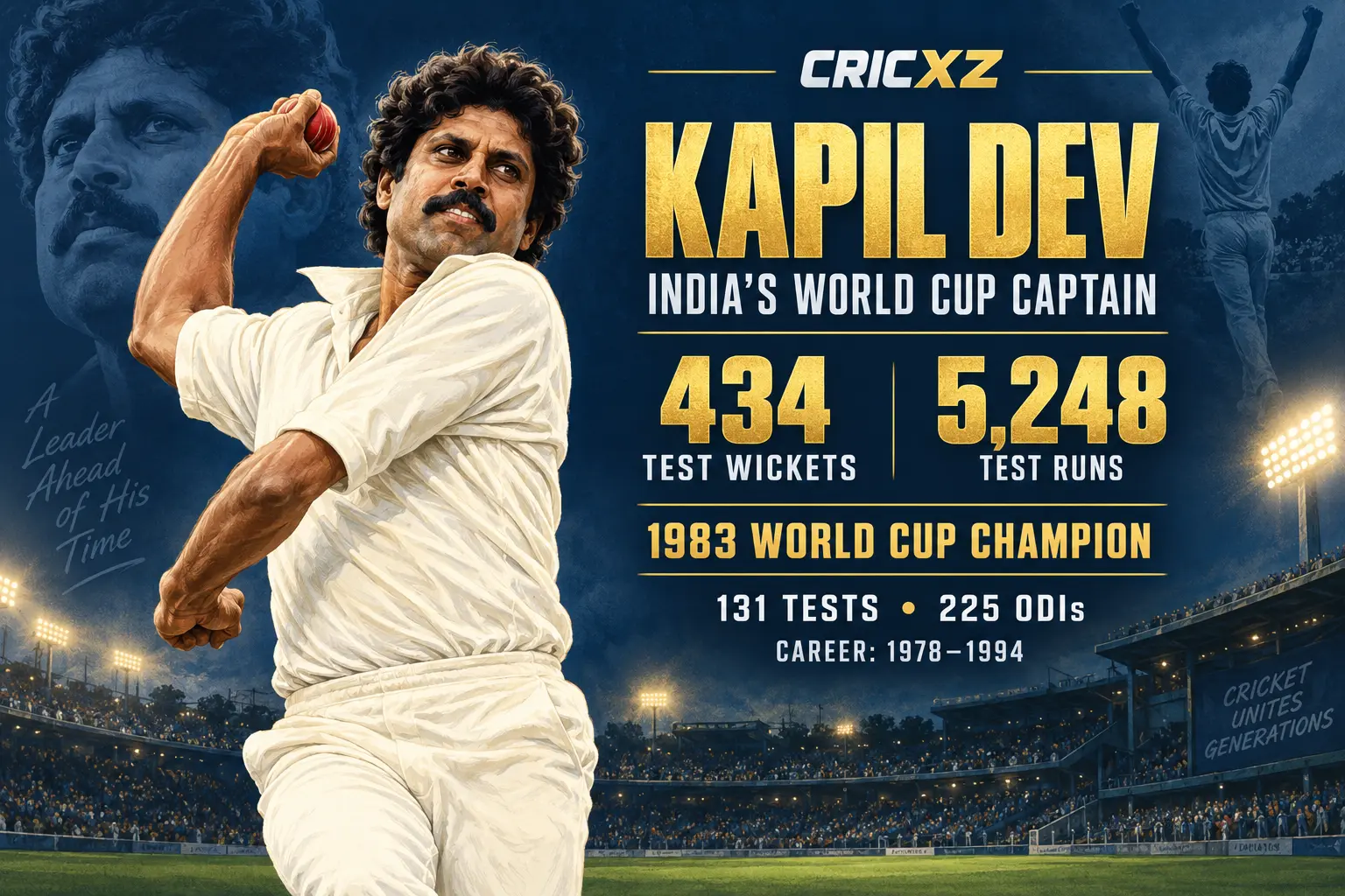 CricXZ graphic of Kapil Dev with Test records and 1983 World Cup achievement