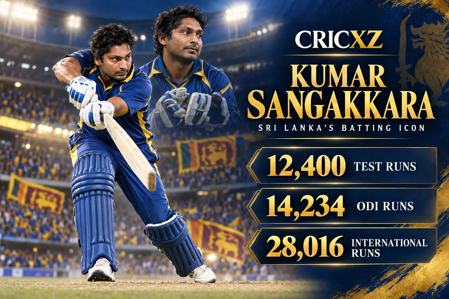 CricXZ graphic of Kumar Sangakkara with Test, ODI and international run records