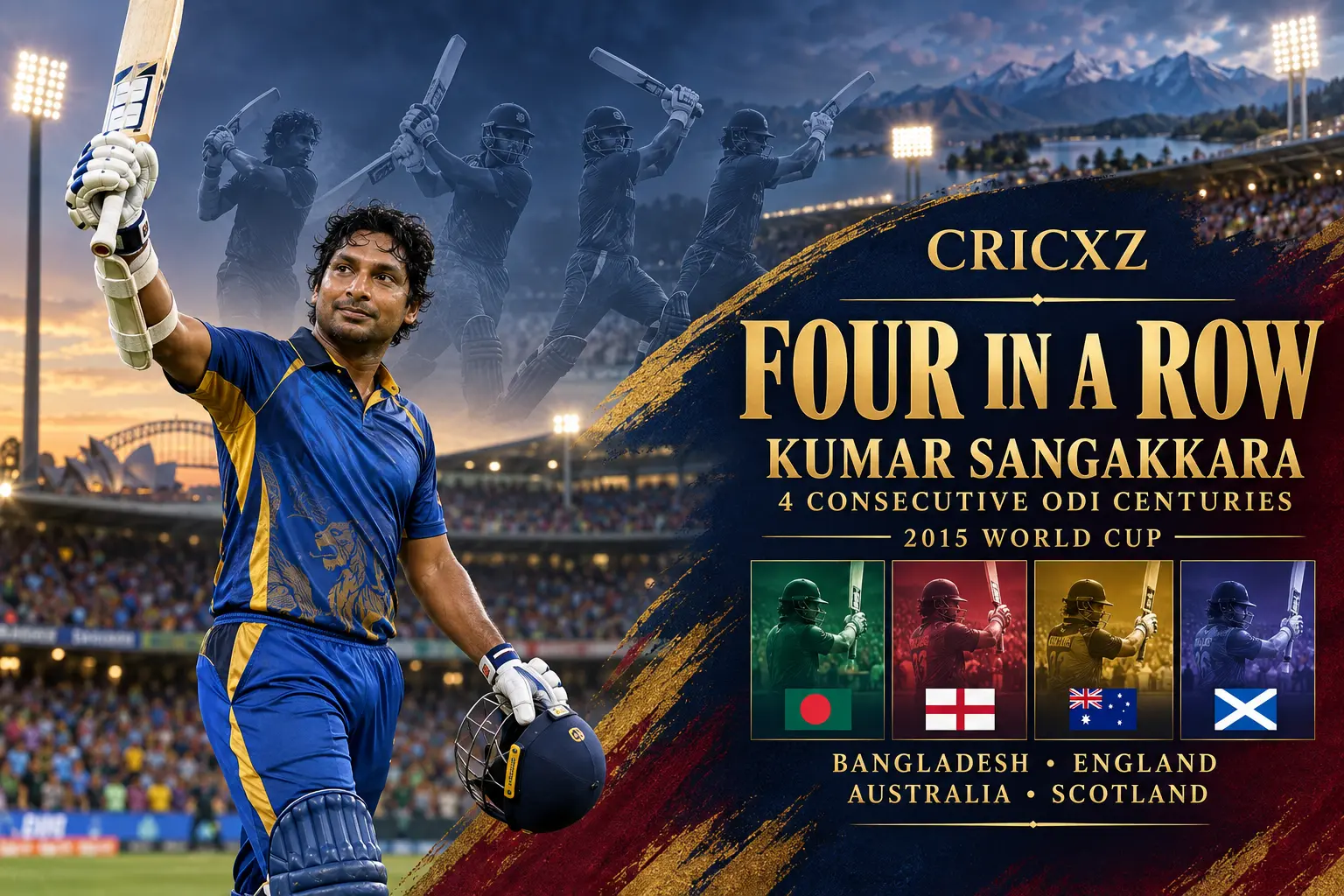 CricXZ historical illustration of Kumar Sangakkara scoring four consecutive ODI centuries at the 2015 World Cup