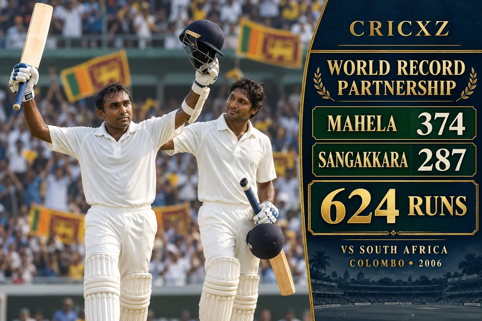 CricXZ historical illustration of Mahela Jayawardene and Kumar Sangakkara during their world-record 624-run Test partnership