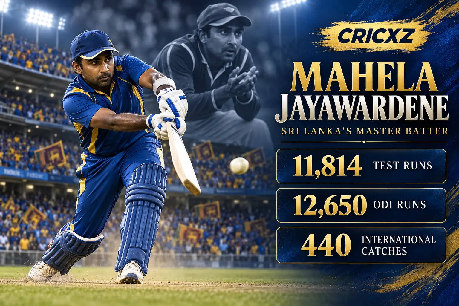 CricXZ graphic of Mahela Jayawardene with Test, ODI and international fielding records