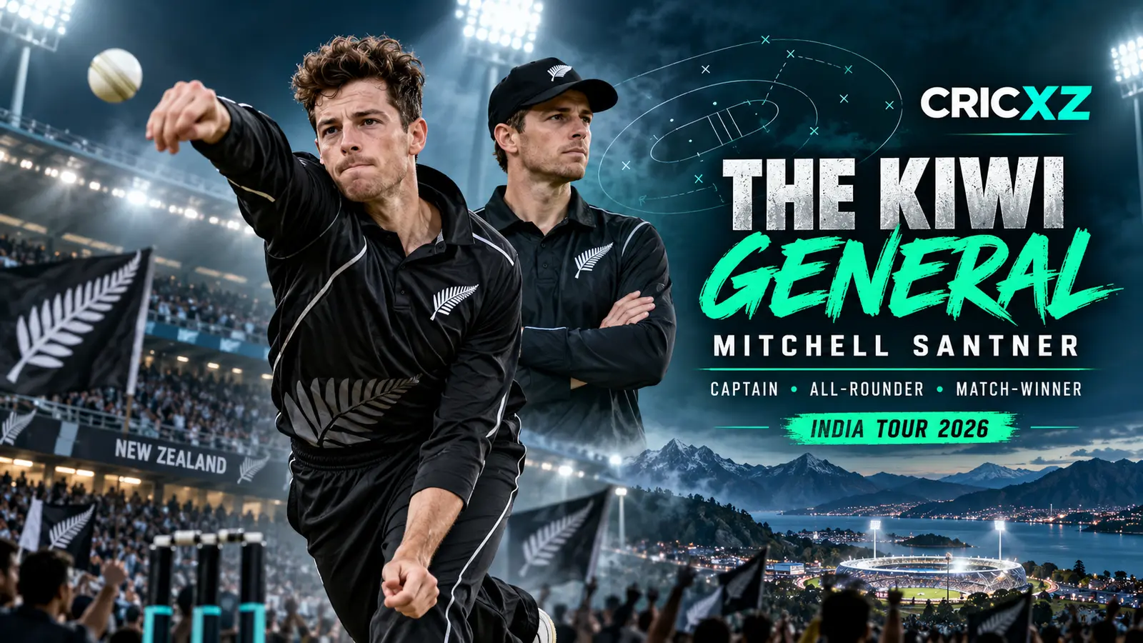 CricXZ editorial graphic of Mitchell Santner as New Zealand captain