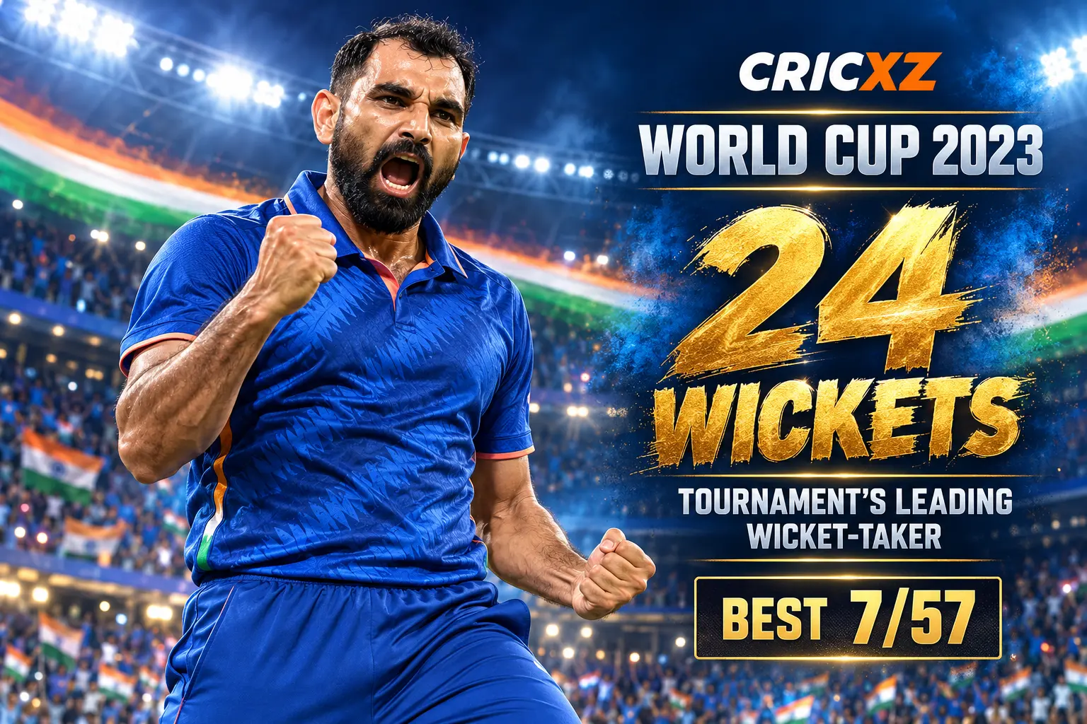 CricXZ graphic celebrating Mohammed Shami's 24 wickets at the 2023 ODI World Cup