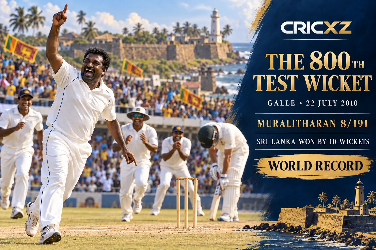 CricXZ historical illustration of Muttiah Muralitharan celebrating his 800th Test wicket at Galle