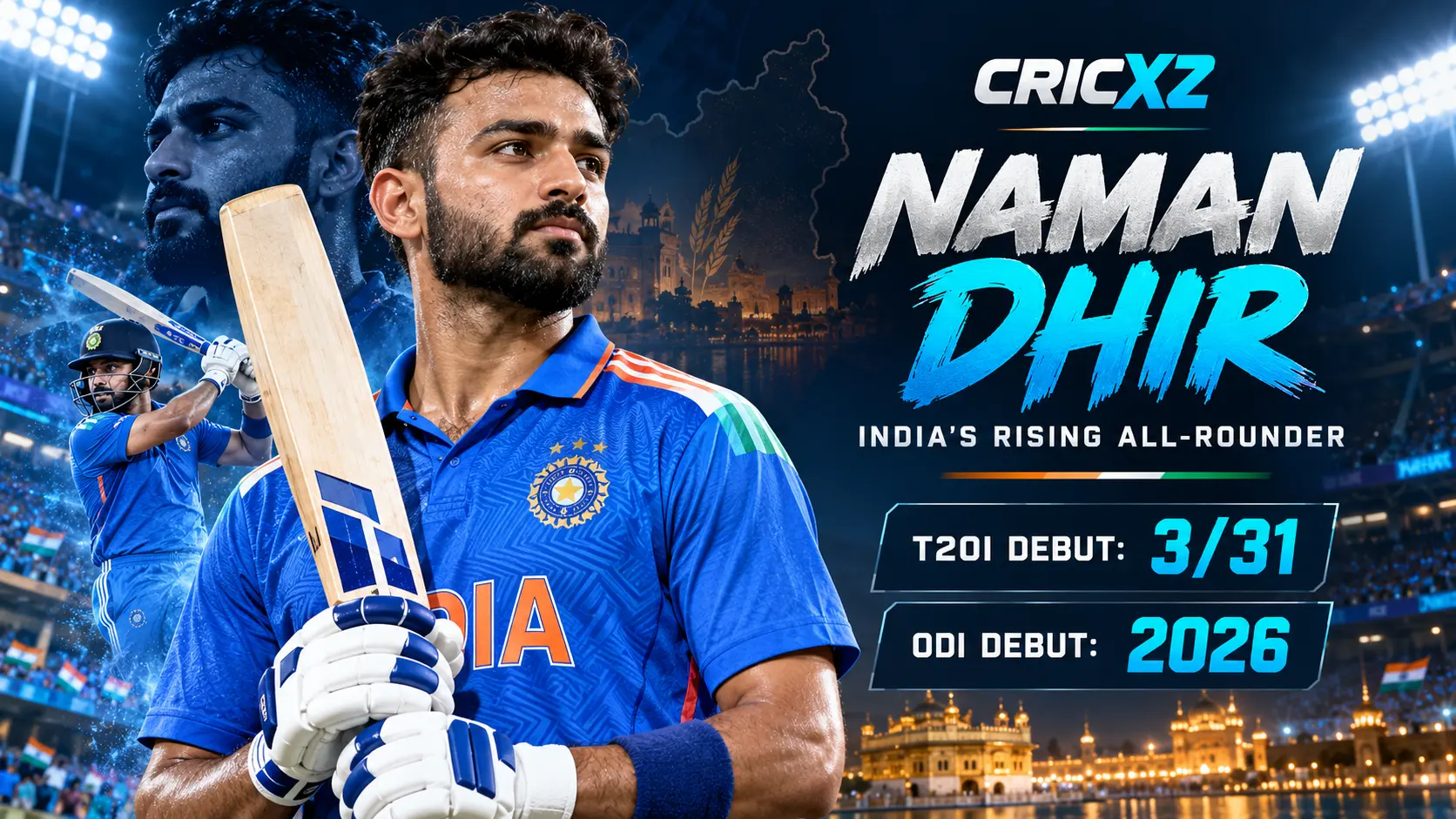 Naman Dhir career statistics and records graphic for CricXZ