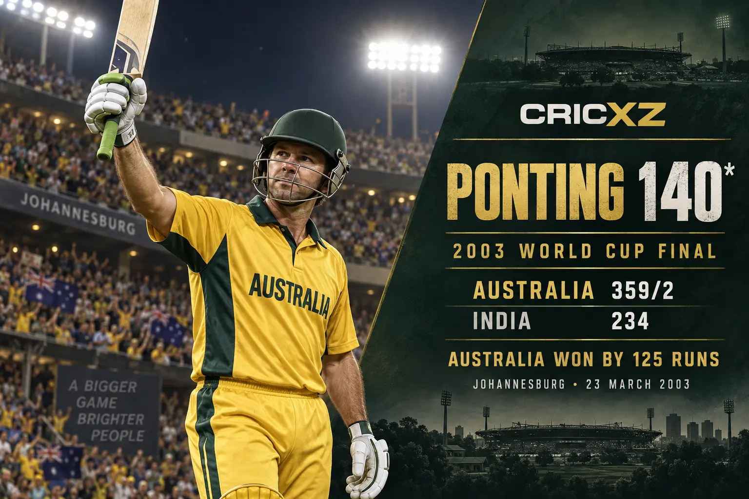 CricXZ historical illustration of Ricky Ponting celebrating his unbeaten 140 in the 2003 World Cup final