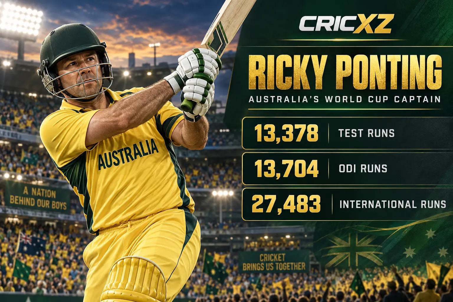 CricXZ graphic of Ricky Ponting with Test, ODI and international run records