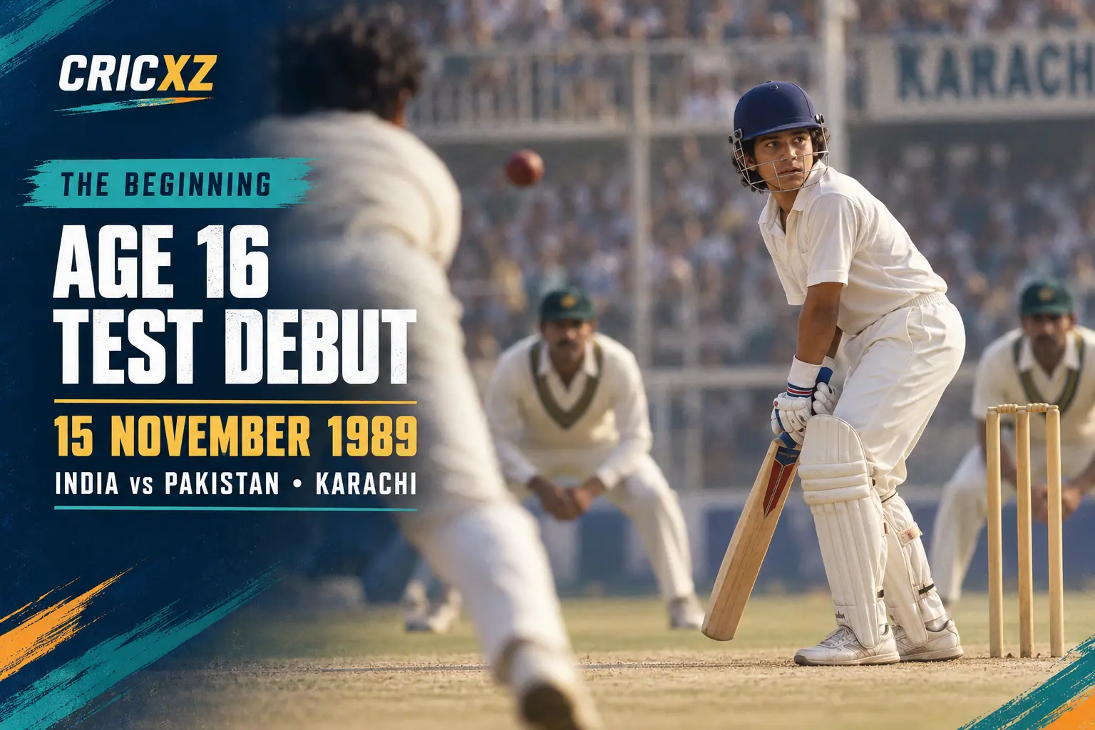 CricXZ historical graphic of 16-year-old Sachin Tendulkar making his Test debut in Karachi in 1989