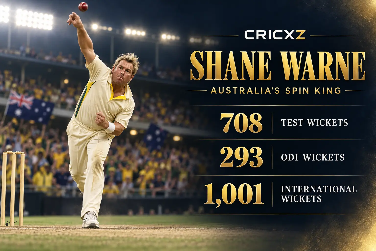 CricXZ graphic of Shane Warne with Test, ODI and international wicket records