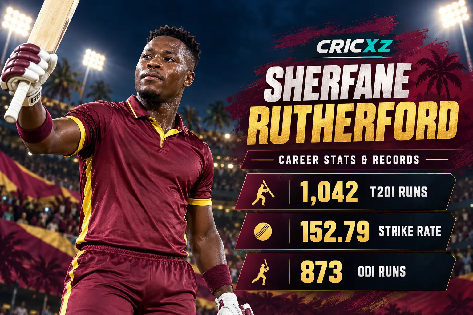 Sherfane Rutherford career statistics and records graphic for CricXZ